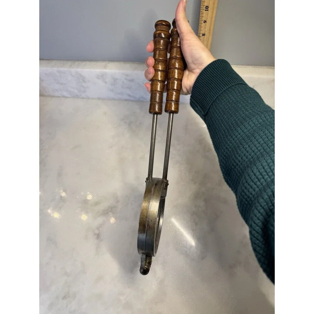 Vintage Cast Aluminum Cookie Press Mold Waffle with Iron and Wood Handle